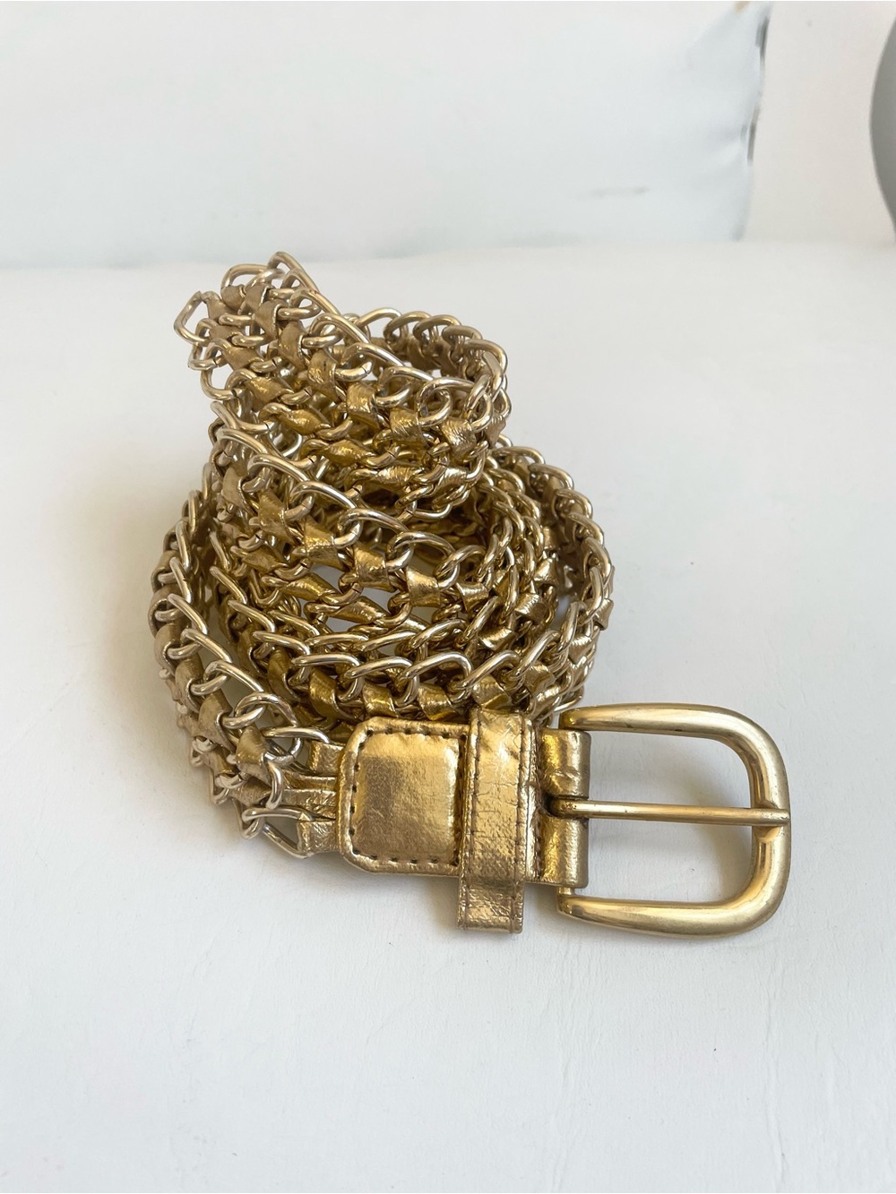 GOLD CHAIN LINK LEATHER BELT BUCKLE METALLIC ADJUSTABLE METAL VINTAGE